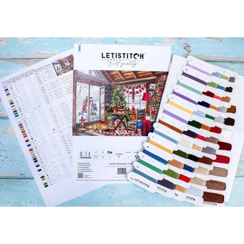 Christmas Cabin Cross Stitch Kit, LetiStitch 43x29 cm, Zweigart Aida 16ct, 100% Anchor Cotton Threads, Black Symbol Chart