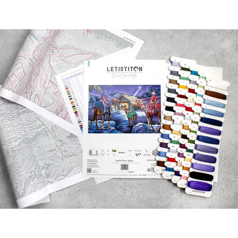 Three Kings Cross Stitch Kit, LetiStitch, 41 x 27 cm, Zweigart Aida 16ct, 100% Cotton Threads, Black Symbol Chart