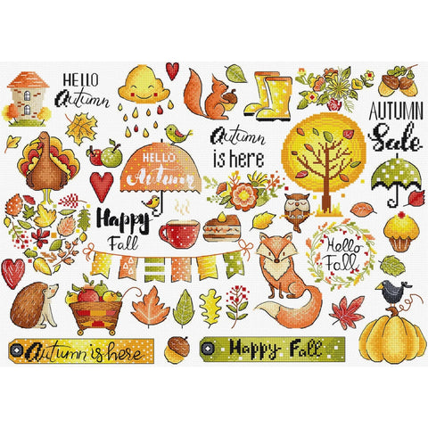 Autumn Sampler Cross Stitch Kit 38 x 27 cm, LetiStitch, Zweigart Aida 16ct, 100% Luca-S Cotton Threads