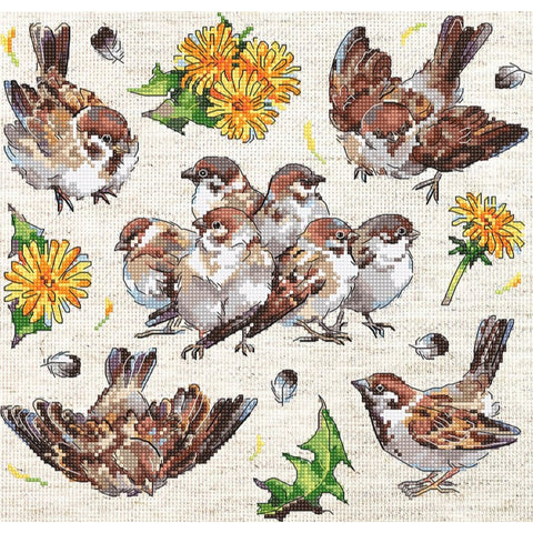 Sparrows Cross Stitch Kit 23x22 cm, LetiStitch, Zweigart Aida 16ct, 100% Anchor Cotton Threads, Black Symbol Chart
