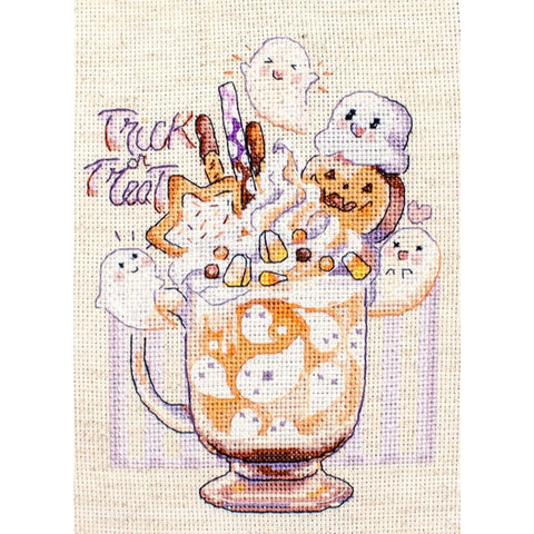 LetiStitch Trick or Treat Cross Stitch Kit, 13 x 17 cm, Zweigart Aida 16ct, Anchor Cotton Threads, Halloween Design