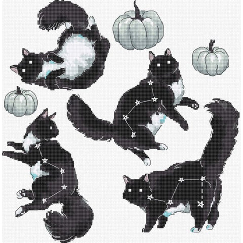 Cat Constellation Cross Stitch Kit, LetiStitch, 28 x 27 cm, Zweigart Aida 16ct, Anchor Cotton Threads, Metallic Accents