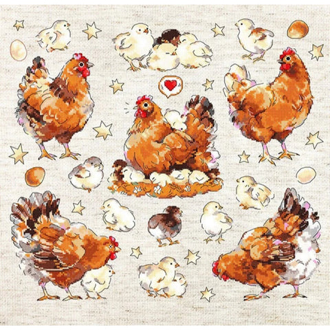 Cross Stitch Embroidery Kit Pied Hens 33 x 30 cm, LetiStitch, Zweigart Aida 16ct, Anchor Cotton Threads, Hen Design