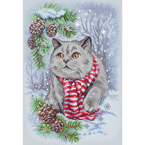 Winter Cat Cross Stitch Kit, 19 x 28 cm, LetiStitch, Zweigart Aida 16ct, Anchor Cotton Threads