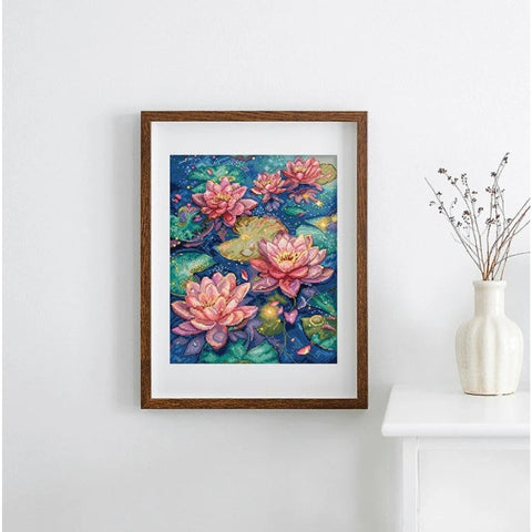 LetiStitch Water Lily Cross Stitch Kit, 23 x 29 cm, Zweigart Aida 16ct, 100% Cotton Threads, DMC Gold, Black Symbol Chart