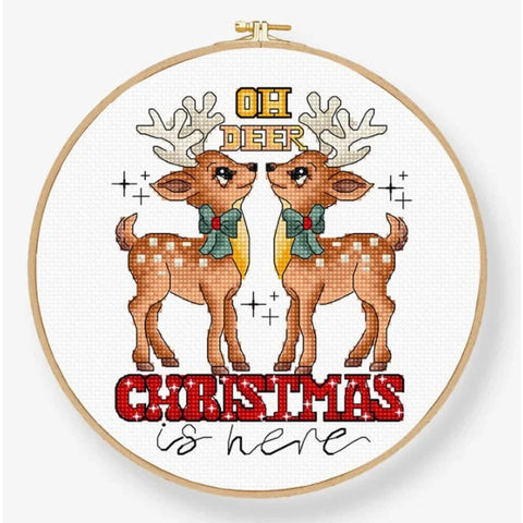 Oh Deer Christmas Is Here Cross Stitch Kit with 19cm Wooden Hoop, LetiStitch, 12x14cm, Zweigart Aida 16ct, Luca-S Cotton Threads