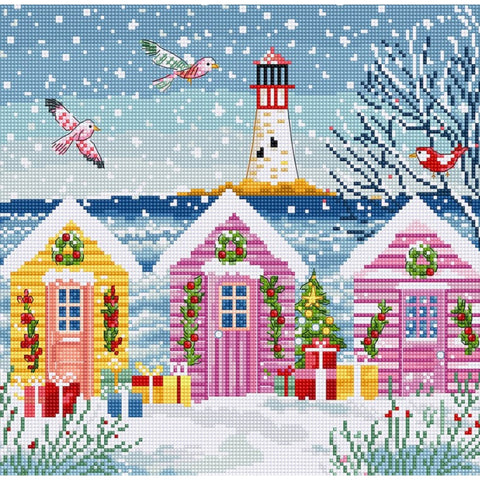 LetiStitch Snowy Sea Cottages Cross Stitch Kit, 23 x 22 cm, Zweigart Aida 16ct, 100% Cotton Threads, Intermediate Pattern