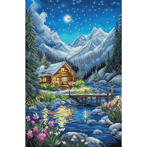 Moonlit Night Cross Stitch Kit, 19 x 29 cm, LetiStitch, Zweigart Aida 16ct, Luca-S Cotton Threads, Black Symbol Chart