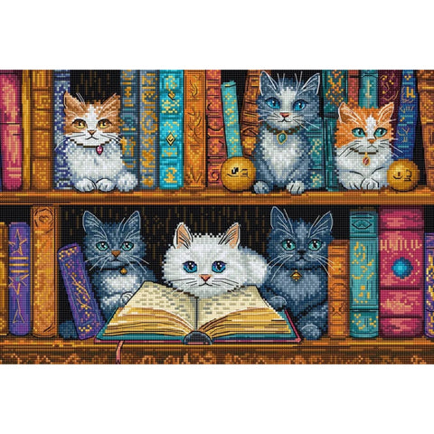 Bookshelf Cross Stitch Kit, LetiStitch 32x22cm, Zweigart Aida 16ct, 100% Luca-S Cotton Threads, Black Symbol Chart