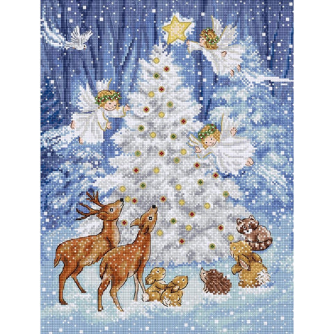 LetiStitch Angel in Wood Cross Stitch Kit, 24 x 32 cm, Zweigart Aida 16ct, 100% Cotton Threads, Black Symbol Chart