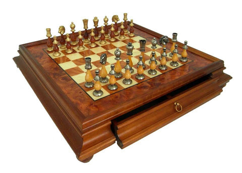 Solid Brass & Wood Chess Set with Luxurious Briar Elm Wood Game Board