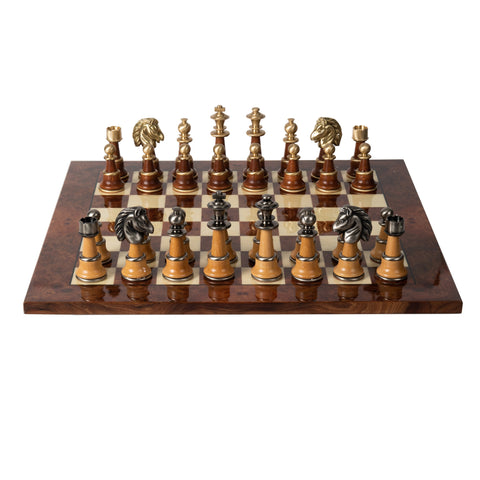 Solid Brass & Wood Chess Set with Luxurious Elm Wood Game Board