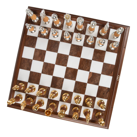 Solid Gold & Silver Chess Set with Luxurious Wood-Alabaster Game Board