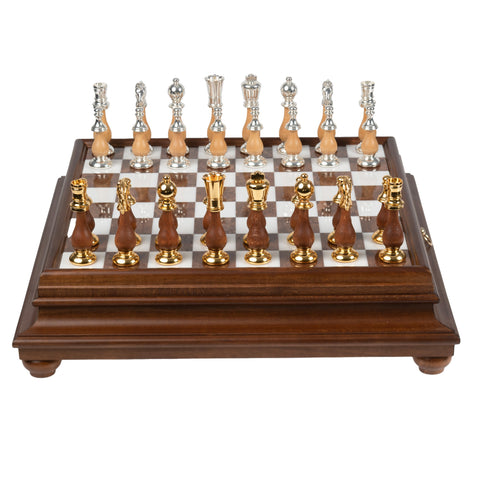 Solid Gold & Silver Chess Set with Luxurious Wood-Alabaster Game Board