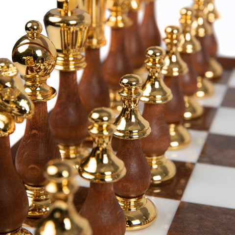 Solid Gold & Silver Chess Set with Luxurious Wood-Alabaster Game Board