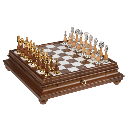 Solid Gold & Silver Chess Set with Luxurious Wood-Alabaster Game Board