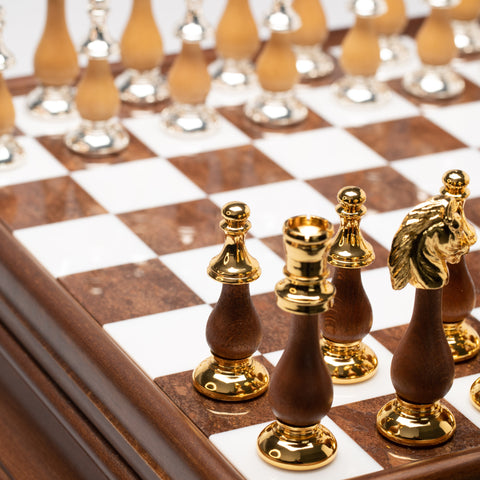 Solid Gold & Silver Chess Set with Luxurious Wood-Alabaster Game Board