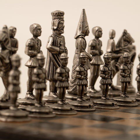 Solid Metal Camelot Theme Chess Set with Gameboard/Box