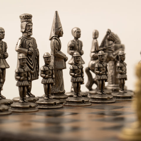 Solid Metal Camelot Theme Chess Set with Gameboard/Box