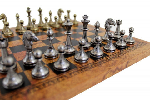 Solid Metal Chess Pieces with Leather-like Chessboard in Antique Globe Finish