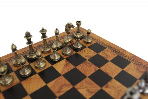 Solid Metal Chess Pieces with Leather-like Chessboard in Antique Globe Finish