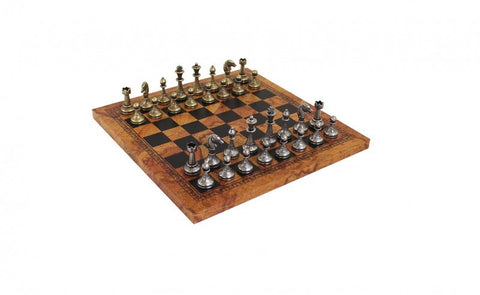 Solid Metal Chess Pieces with Leather-like Chessboard in Antique Globe Finish