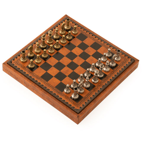 Solid Metal Chess Pieces with Lovely Leather-like Chessboard