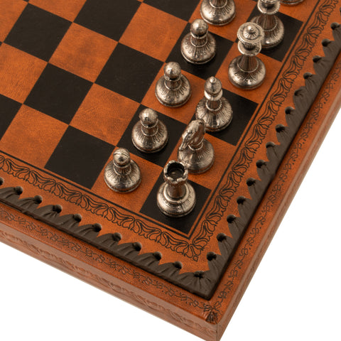 Solid Metal Chess Pieces with Lovely Leather-like Chessboard