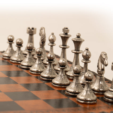 Solid Metal Chess Pieces with Lovely Leather-like Chessboard