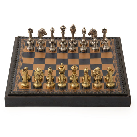 Solid Metal Chess Set with Blue Leather-Like Gameboard/Box