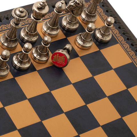 Solid Metal Chess Set with Blue Leather-Like Gameboard/Box