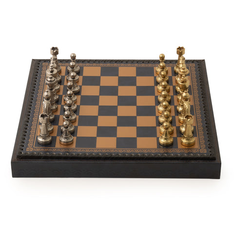 Solid Metal Chess Set with Blue Leather-Like Gameboard/Box