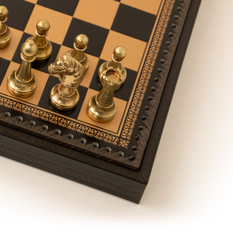 Solid Metal Chess Set with Dark Brown Gameboard/Box