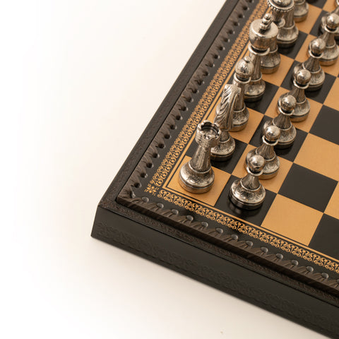 Solid Metal Chess Set with Dark Brown Gameboard/Box