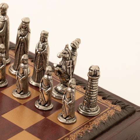 Solid Metal Chess Set with Dark Red Gameboard/Box