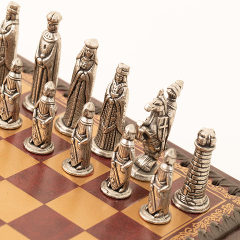 Solid Metal Chess Set with Dark Red Gameboard/Box