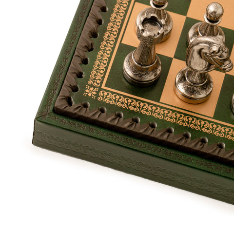 Solid Metal Chess Set with Green Gameboard/Box