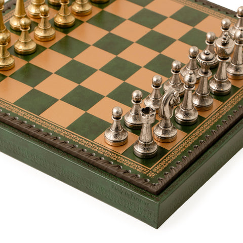 Solid Metal Chess Set with Green Gameboard/Box