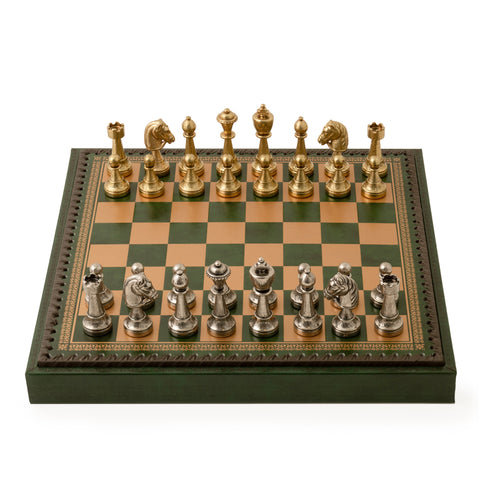 Solid Metal Chess Set with Green Gameboard/Box