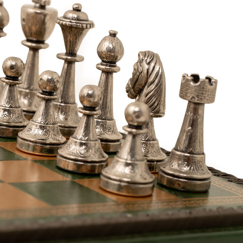 Solid Metal Chess Set with Green Gameboard/Box