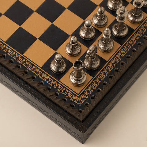 Solid Metal Chess Set with Leather-Like Gameboard/Box