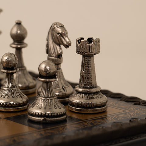 Solid Metal Chess Set with Leather-Like Gameboard/Box