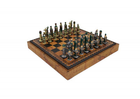 Solid Metal Handpainted Chess Pieces with Beautiful Leather-like Chessboard