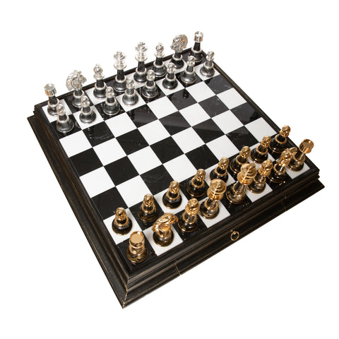 Solid Wood Chess Table with Beautiful Alabaster Top and Gold/Silver Coated Chess Set