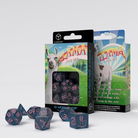 Sparkling Llama Dice Set Glittering dark blue and pink