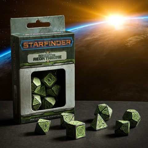 Starfinder Against The Aeon Throne Dice Set gray and green