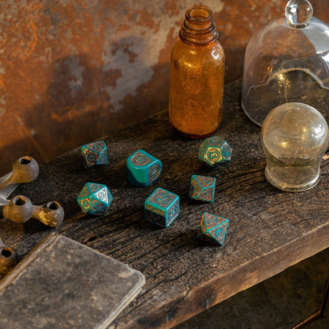 Steampunk Clockwork Dice Set turquoise and copper