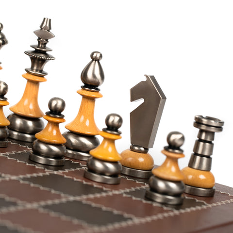 Stylized Modern CHESS SET with Genuine Leather Chess Board