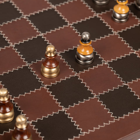 Stylized Modern CHESS SET with Genuine Leather Chess Board