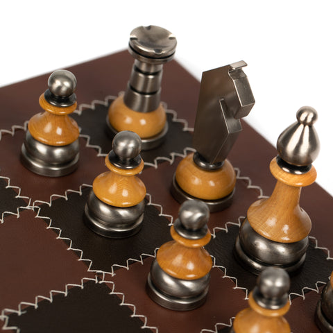 Stylized Modern CHESS SET with Genuine Leather Chess Board